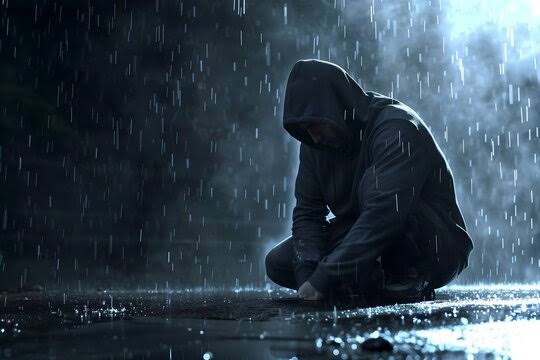 Sad Alone Boy in Rain
